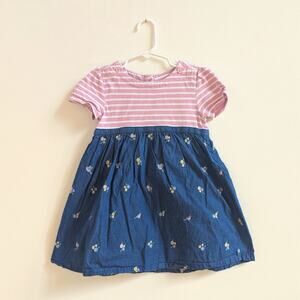 JoJo Maman Bebe Dress Girls Sz 3-4Y Pink Denim Embroidered Cute Bird